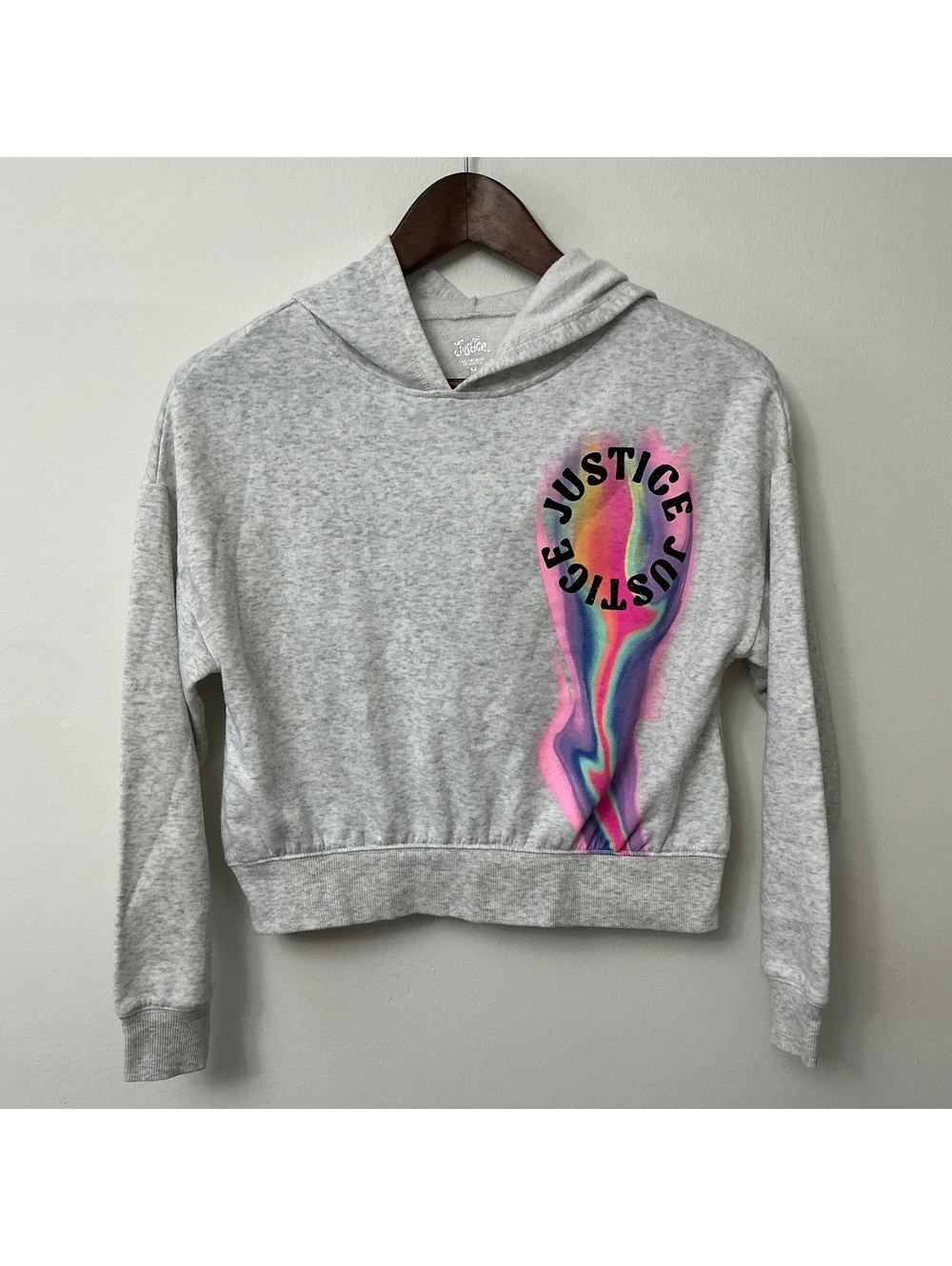 Justice Girls' Gray Cropped Hoodie with Rainbow Graphic Size M (10)